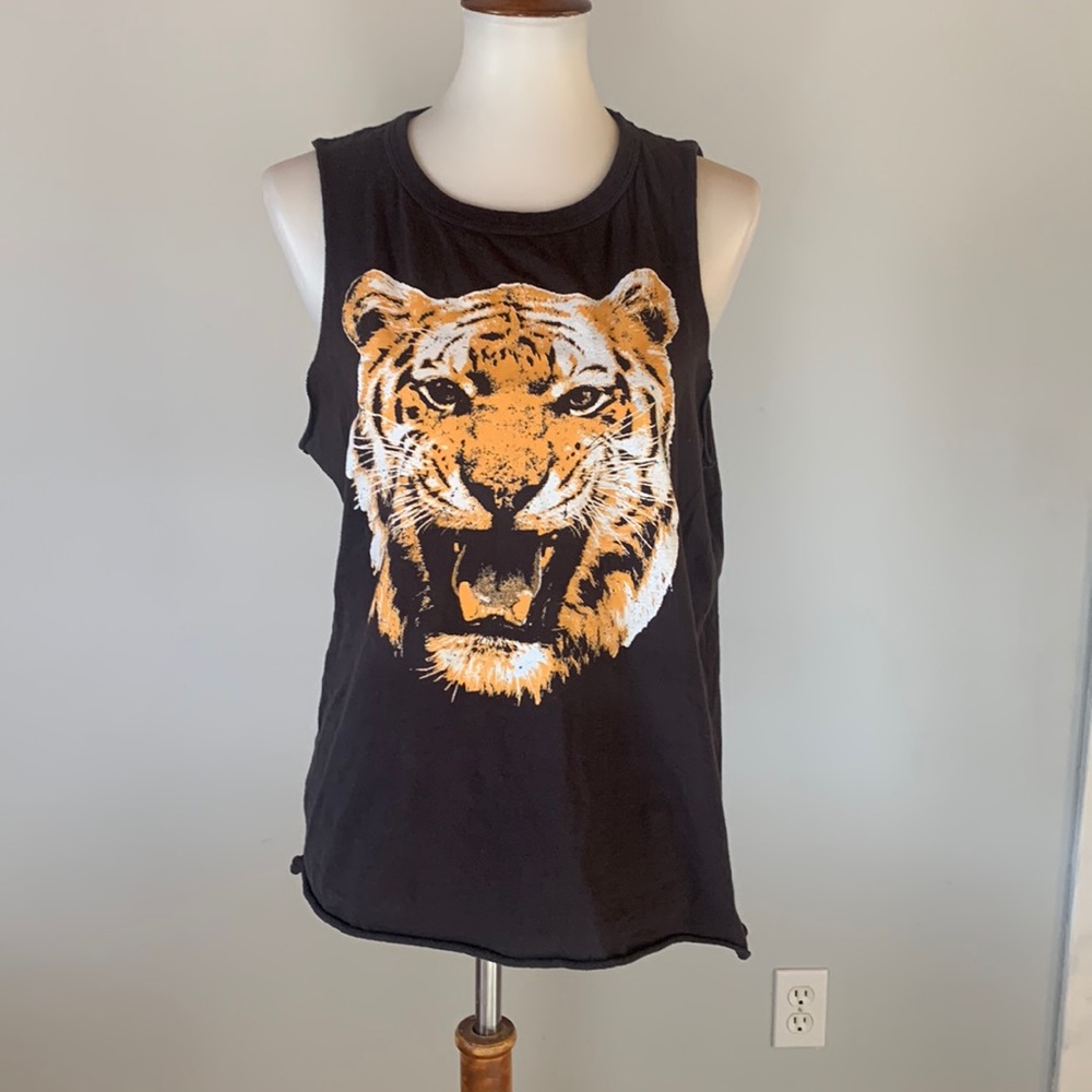 CHASER Black Muscle Tee Tank with Orange and White Tiger Graphic - Large